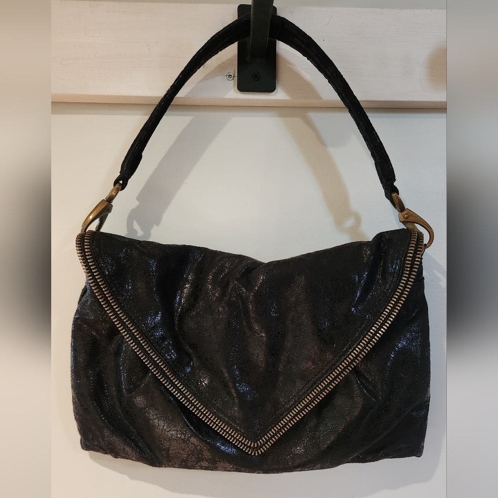 Matt And Nat Black Envelope Style Shoulder Bag, Wet Suede Look, Chunky Hardware